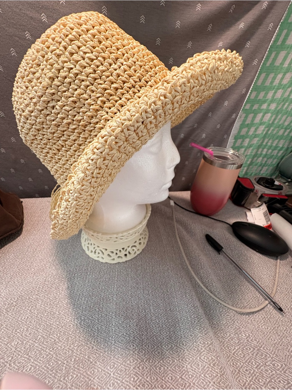 Natural Straw Wide-Brim Sun Hat with Decorative Beaded Band - Picture 4 of 5